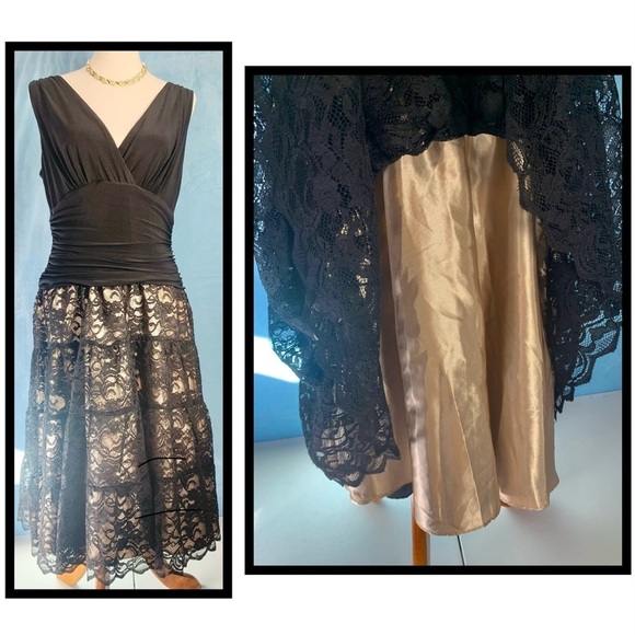 J.R. Nites byCarol Lin Fit & Flare Black Lace / Champagne Cocktail Dress [Sz 14] - Picture 3 of 13